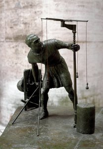 Roma sanatı: “” gromatician”” Bir sörveyör (agrimeners) bir groma (gruma) kullanarak araziyi ölçer. Bronz heykel. Roma, Roma Medeniyeti Müzesi by Roman Roman