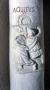 4. yüzyılda Roma şehidi olan Aziz Akhilleus, Hristiyan olduğu için yemin etmek istemediği için Sezar tarafından başı kesilerek öldürüldü. Santa Domitilla'dan Roma'ya yer altı mezarlarının alçak kabartması. by Roman Roman