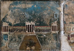 Mimari manzarayı tasvir eden üçüncü stil fresk, sütunlu sundurma ile sınırlanan binanın detayı, Pompei'den by Roman Roman