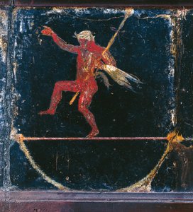 Pompeii'deki sözde Villa of Cicero'dan Funambolist Seleni'yi tasvir eden üçüncü stil fresk, Silenus'un thyrsus'u tutmasının detayı by Roman Roman