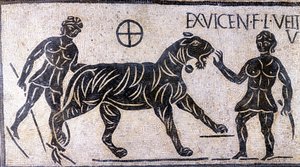 Kolezyum duvarlarında kaplan terbiyecileri - Roma Mozaiği by Roman Roman