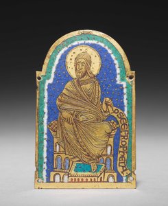 Plaket: Bir Anıt Türbesinden Oturan Peygamber: Osea (Hosea), c.1170-1180 (yaldızlı bakır, champlevé emaye) by Romanesque