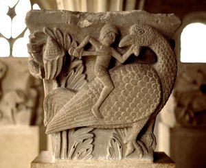 Bir adam ve bir kuş arasındaki bir mücadelenin temsili (bölüm evinin oyulmuş başkenti) by Romanesque