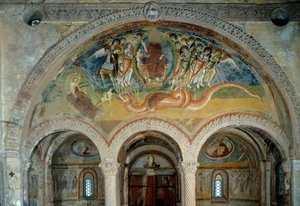 Kıyametin temsili: melekler oklarıyla yedi başlı canavarı deler by Romanesque