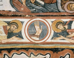 Romanesk sanat: “" Tanrı'nın sağ eli ve atalar İlyas ve Henoch (veya Enoch). Detay. Leon okulunun freski (İspanya). 1132. Bakire del Camin Meryem Ana Tapınağı by Romanesque