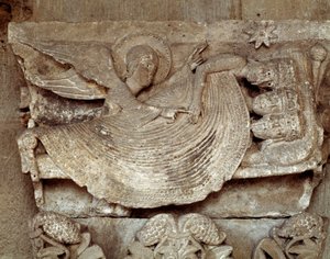 Magi, onları uyandıran ve Bethlehem yıldızına (oyma başkent) işaret eden bir melekle uyuyor by Romanesque
