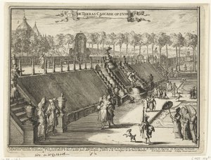 Paleis Het Loo parkındaki bir teras şelalesinin görünümü (yandan) zyde üzerinde Terrace Cascade (nesne üzerinde başlık) Paleis Het Loo, ilişkili binalar ve ilgili parkın görünümleri (seri başlığı) by Romeyn de Hooghe