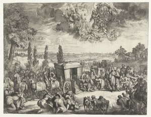 İspanya Kralı II. Charles bir arabanın yanında diz çöküyor by Romeyn de Hooghe