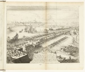 Scheldt üzerindeki Parma nefli köprü, 1585 Le Pont de Farnese (nesne üzerindeki başlık) Guerres de Flandres (dizi adı) by Romeyn de Hooghe