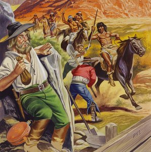 Jacob Waltz ve arkadaşı Apaçi Kızılderilileri tarafından saldırıya uğruyor (kağıt üzerine guaj) by Ron Embleton