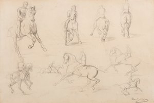 Bir At ve Binici Çalışmaları (beyaz dokuma kağıt üzerine grafit) by Rosa Bonheur