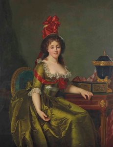 Yeşil saten elbiseli ve kırmızı kurdeleli boneli bir bayanın portresi. by Rose Adelaide Ducreux