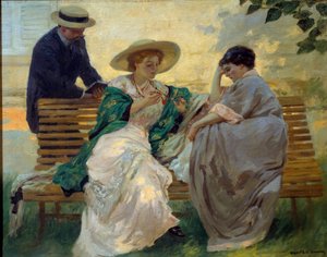 İyi zaman: “Konuşma” Rupert Bunny (1864-1947) 1885 tarafından bir bankta burjuva okuma grubu