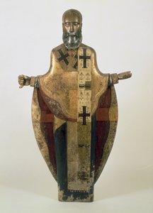 Mozhaisk Aziz Nikolaos heykeli, Rus, 16. yüzyılın sonları (ahşap, süslü brokar, gesso, tempera)
