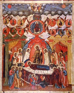 Dormition, 18. yüzyıl (panelde tempera) by Russian School