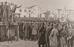 Bir 'Kampanya Planı Toplantısında' Bir Hükümet Muhabirini Koruyan Polis Teşkilatı, 'The Illustrated London News'den, 8 Ocak 1887 (gravür)