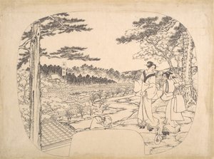 Manzaraya Bir Bakış Noktasından Hayran İki Kadın... Zenpukuji Tapınağı, 19. yüzyıl. by Sadahide Utagawa