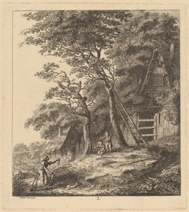 Sazdan Kulübeler Olan Bir Manzarada Bir Balıkçı ve İki Çocuk, 1764. by Salomon Gessner