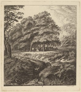 Bir Derenin Yanında Oturan Bir Adamla Koruda Dinlenen Sığır, 1764. by Salomon Gessner