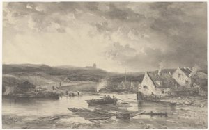 Bazı evler ve bir su değirmeni ile nehir manzarası by Salomon Leonardus Verveer
