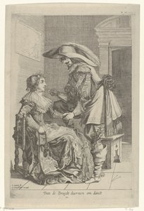 Adam bir kadına bozuk para teklif ediyor Dats de Bruydt daermen om danst (nesne üzerindeki başlık) by Salomon Savery