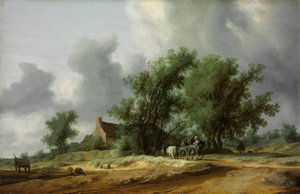 Kumullarda Arabalı Yol - Peinture de Salomon Jacobsz van Ruisdael(1600/3-1670) - 1631 - Ahşap üzerine yağlı boya - 56x86,4 - Szepmuveszeti Muzeum, Budapeşte by Salomon van Ruisdael or Ruysdael