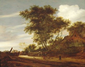 Bir kulübenin yanında yolda oynayan çocukların olduğu ağaçlık manzara, 1658