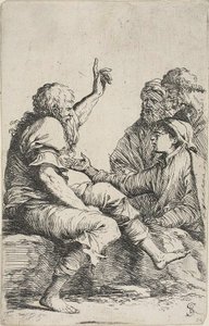 Figurine serisinden bir kayanın üzerinde oturan ve karşısındaki üç adama küçük bir jest yapan sakallı yaşlı bir adam by Salvator Rosa