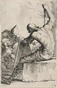 Ön plandaki bir blokta oturan bir savaşçı, bir kalkan ve asa tutar ve Figurine serisinden arkasındaki iki savaşçıya döner by Salvator Rosa