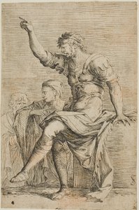 Bir savaşçı bir blokta oturur ve jestler yapar; Figurine serisinden iki figür onun arkasında by Salvator Rosa