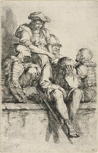 Figurine serisinden dört savaşçı ve bunlardan birine işaret eden ayakta duran bir genç by Salvator Rosa