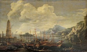 Deniz Feneri ve Gemilerle Liman by Salvator Rosa
