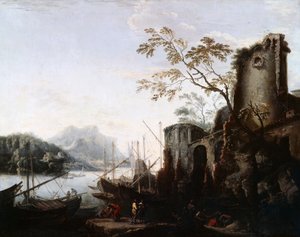 Gemiler ve harabeler ile Kuleler ile Deniz Manzarası (Kuleler ile Deniz Manzarası), c.1645, by Salvator Rosa
