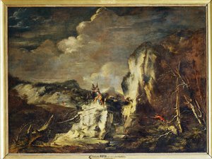 Bir avcı ve savaşçılarla kayalık manzara - Kayalık bir ... by Salvator Rosa