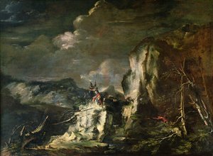 Avcı ve Savaşçılarla Kayalık Manzara by Salvator Rosa