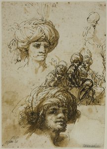 Türbanlı Adam Eskizleri (recto); Bir Figür Parçası ve Yapraklı Mimari Süsleme Eskizleri (verso) by Salvator Rosa