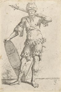 Ayakta Duran Egzotik Savaşçı Aslan Başlı Şapka Takıyor, Elinde Topuz ve Kalkan Tutuyor, c.1656-57 (döşemiş kağıt üzerine gravür) by Salvator Rosa