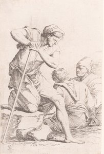 Oturan iki adam ve bir kayanın üzerinde diz çökmüş bir asa tutan başka bir adam, seriden..., ca. 1656-1657. by Salvator Rosa