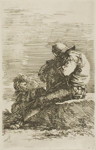 İki savaşçı, biri ön plandaki kayanın üzerinde oturmuş uyuyor, Figurine serisinden by Salvator Rosa