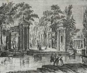 Lazienki Park'taki adadaki amfitiyatro, Varşova, Polonya, Poliorama Pittoresco'dan Salvatore Puglia'nın litografisi, n 51, 30 Temmuz by Salvatore Puglia