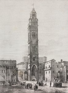 Gaeta katedralinin çan kulesi, Lazio, İtalya, Pasquale Mattei (1813-1879) tarafından çizildikten sonra Salvatore Puglia tarafından litografi, Poliorama Pittoresco'dan, n 48, 6 Temmuz by Salvatore Puglia