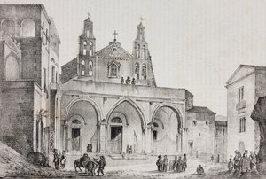 Sessa Aurunca Katedrali'nin cephesi, Campania, İtalya, Poliorama Pittoresco'dan Pasquale Mattei (1813-1879) tarafından çizildikten sonra Salvatore Puglia tarafından litografi, n 42, 24 Mayıs by Salvatore Puglia