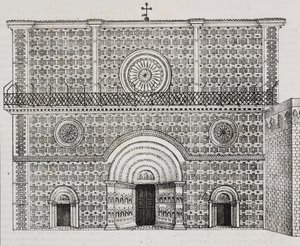 Santa Maria di Collemaggio bazilikası cephesi, L'Aquila, Abruzzo, İtalya, Poliorama Pittoresco'dan Salvatore Puglia tarafından litografi, n 32, Mart 15 by Salvatore Puglia