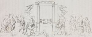 Fontignano Doğuşu, Çobanların Hayranlığı, Poliorama Pittoresco'dan Pietro Perugino'nun (yaklaşık 1450-1523) tablosundan sonra Salvatore Puglia'nın litografisi, n 42, 24 Mayıs by Salvatore Puglia