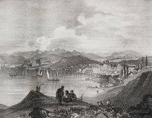 Oliveto Dağı'ndan Korfu manzarası, İyon Adaları, Yunanistan, Poliorama Pittoresco'dan Salvatore Puglia'nın litografisi, n 25, 25 Ocak by Salvatore Puglia