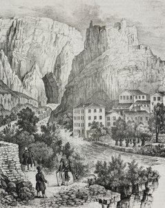 Fontaine-de-Vaucluse'un görünümü, Fransa, Poliorama Pittoresco'dan Sardi'nin litografisi, n 51, 30 Temmuz by Salvatore Puglia