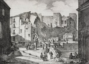 Sessa Aurunca, Campania, İtalya'daki Piazza della Fontana dell'Ercole'nin görünümü, Poliorama Pittoresco'dan Salvatore Puglia'nın litografisi, n 8, 30 Eylül by Salvatore Puglia