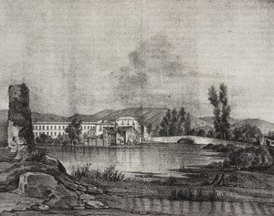 Santa Restituta fabrikasının ve kilisesinin Cornello, Lazio, İtalya'daki Fibreno nehri kıyısındaki görünümü, Poliorama Pittoresco'dan Raffaele Carelli tarafından çizildikten sonra Salvatore Puglia tarafından litografi, n 16, 26 Kasım by Salvatore Puglia