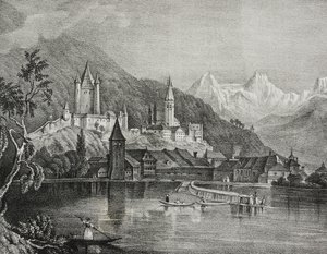 Thun'un görünümü, Bern Kantonu, İsviçre, Poliorama Pittoresco'dan Salvatore Puglia tarafından litografi, n 35, 9 Nisan by Salvatore Puglia