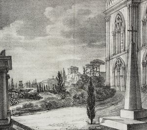 Gotik manastırdan mezarlığın görünümü, Napoli, Campania, İtalya, Poliorama Pittoresco'dan Salvatore Puglia'nın litografisi, n 34, 1 Nisan by Salvatore Puglia